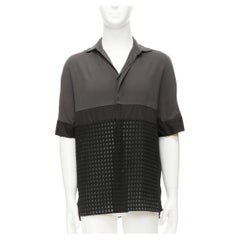 LANVIN grey black silky twill mix texture short sleeves dress shirt EU38/15 S