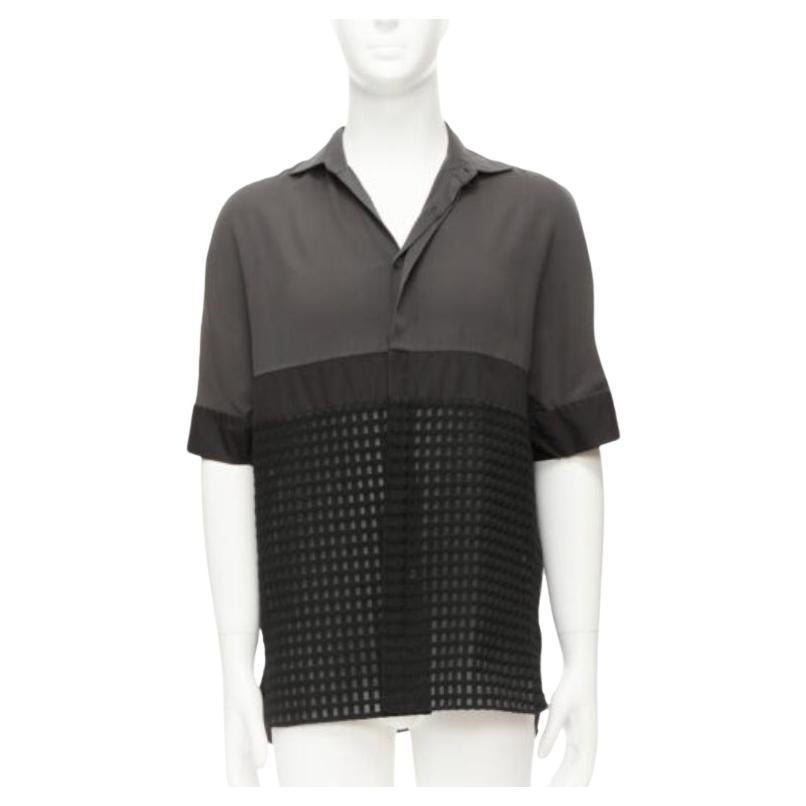 LANVIN grey black silky twill mix texture short sleeves dress shirt EU38/15 S For Sale