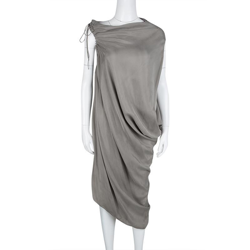 Gray Lanvin Grey Gathered Tie Detail Draped Asymmetric Dress M
