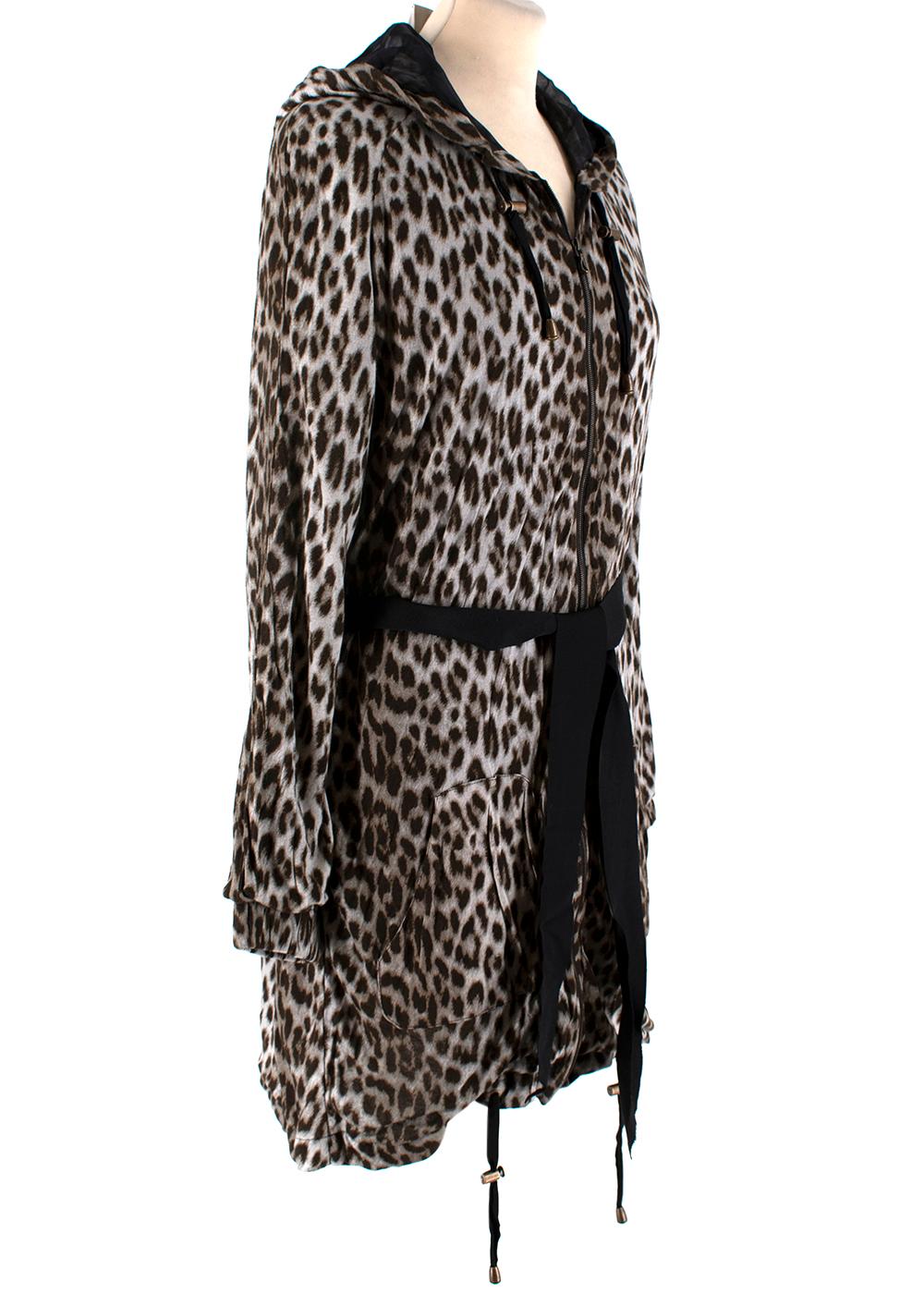 Lanvin Grey Leopard Print Hooded Jacket With Belt 

- Long sleeved
- Exposed gold-tone zipper to fasten
- Hooded
- Animal print all-over
- Relaxed fit
- Front patch pockets 
- Elasticated cuffs
- Detachable belt 

Materials:
Main fabric:
- 100%