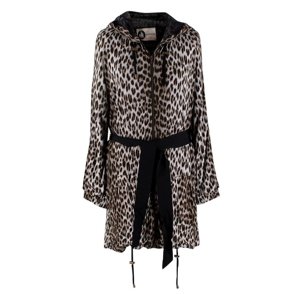 Lanvin Grey Leopard Print Hooded Tie Belt Longline Jacket - Size S