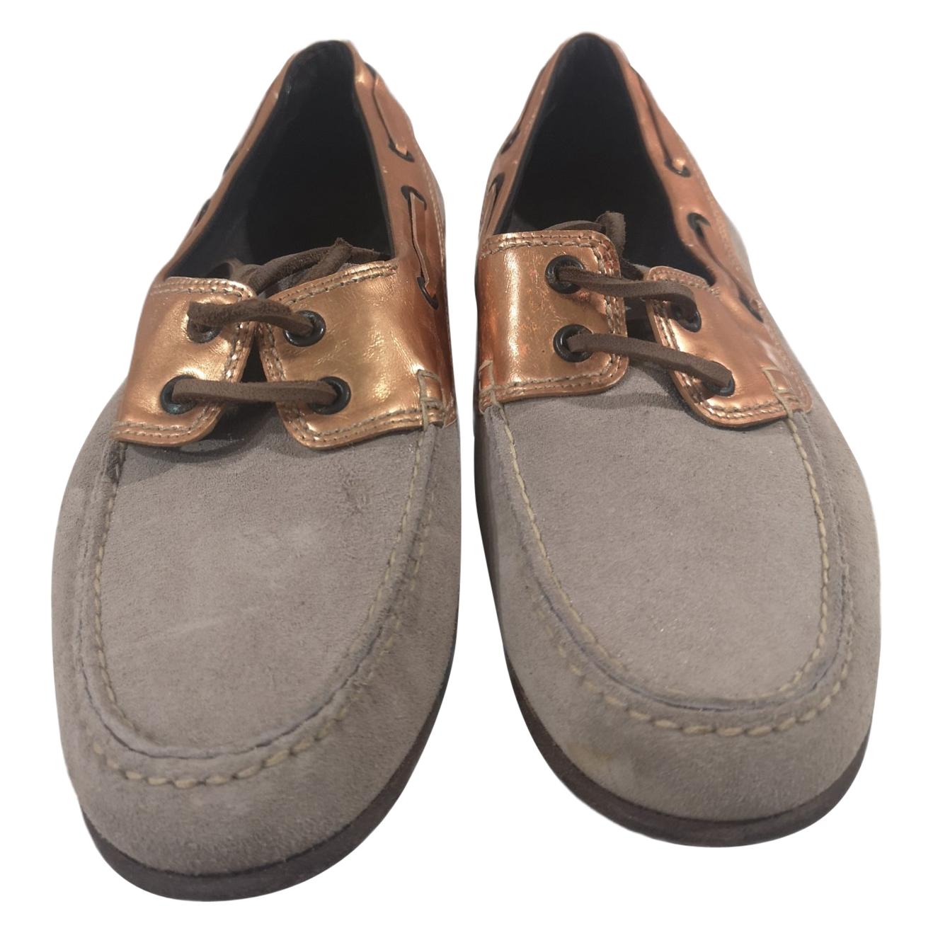 Lanvin grey suede rose gold leather loafers NWOT For Sale