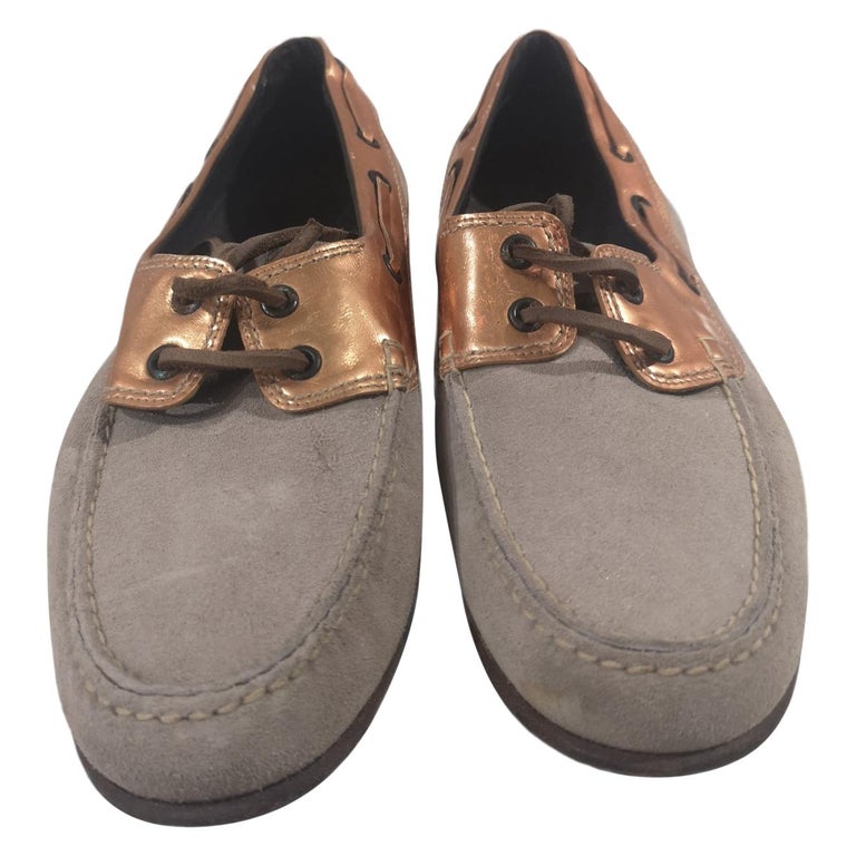 Lanvin grey suede rose gold leather loafers NWOT For Sale at 1stDibs