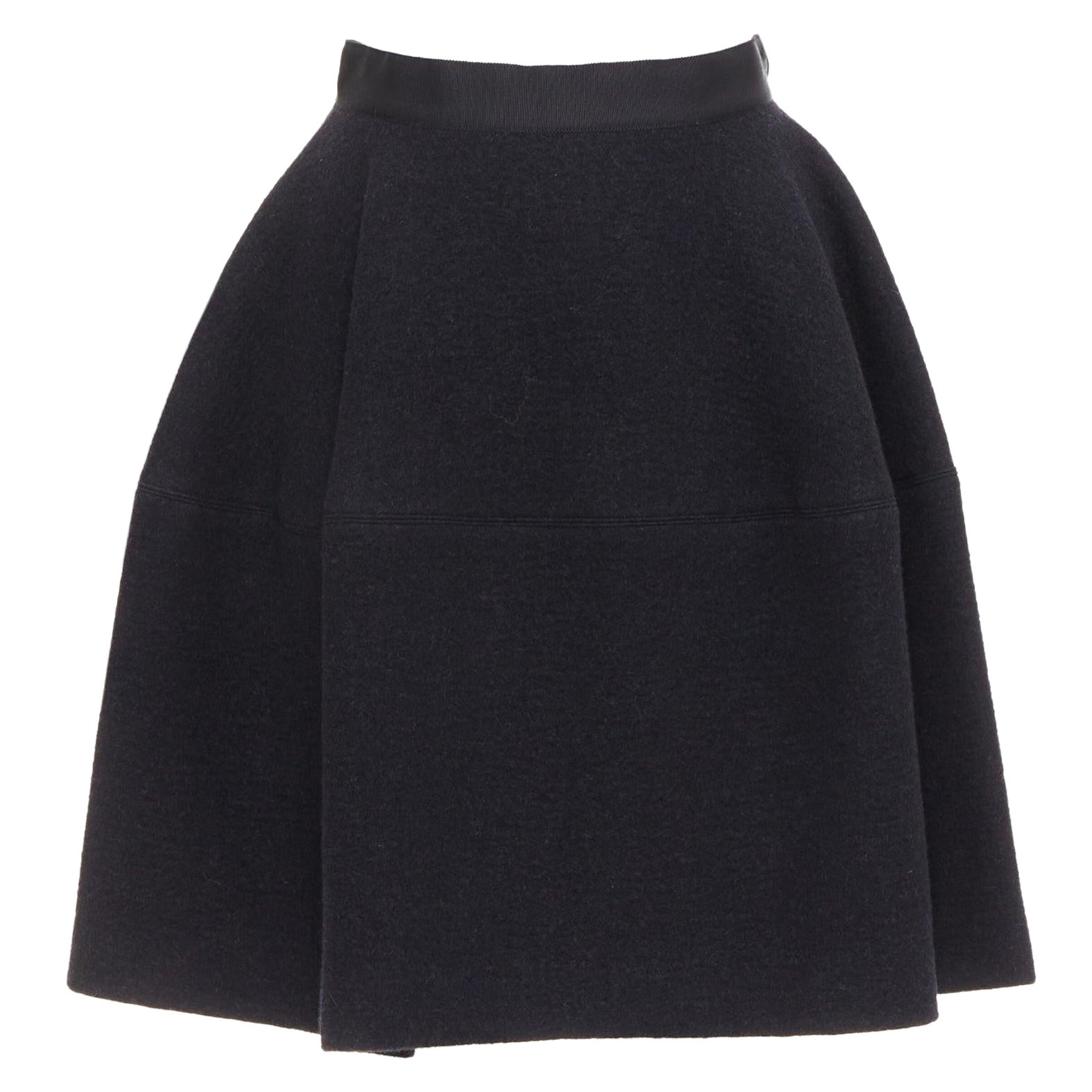 LANVIN Graue Wollmischung Schwarzer Bund konstruiert Glockenförmiger Rock FR34 XS