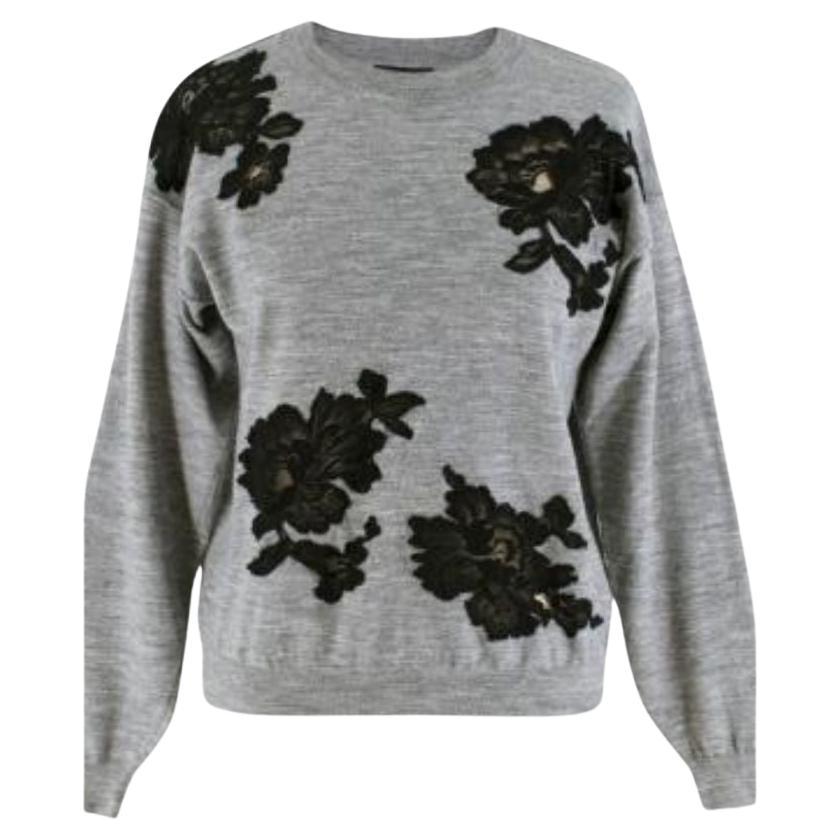 Lanvin Grey Wool Floral Lace Embellished Knit Sweater For Sale