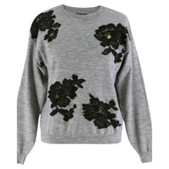 Lanvin Grey Wool Floral Lace Embellished Knit Sweater