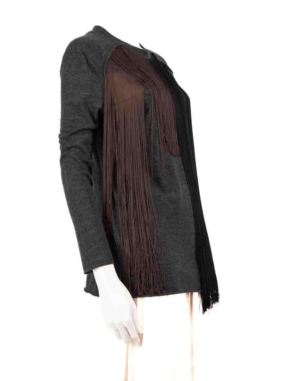 CONDITION is Very good. Hardly any visible wear to the top is evident on this used Lanvin designer resale item.
 
 
 
 Details
 
 
 Grey
 
 Wool
 
 Jumper
 
 Black and brown fringed front
 
 Round neck
 
 Long sleeves
 
 
 
 
 
 Made in France
 
 

