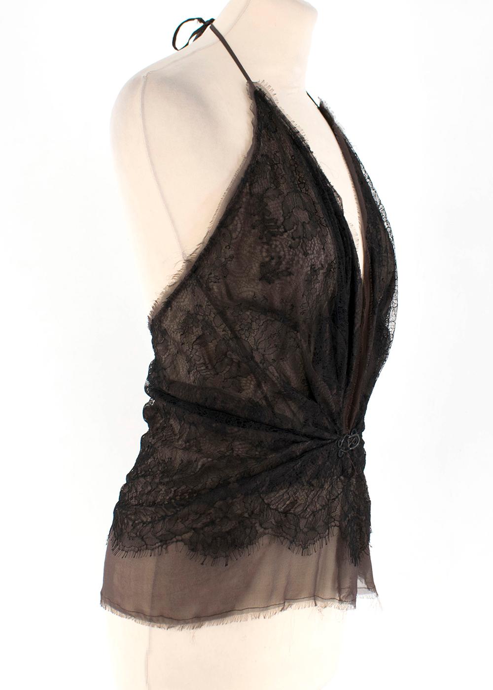 Lanvin brown/black halterneck lace top with hook fastening.

Measurements are taken with the item lying flat, seam to seam.

Length:64cm