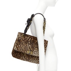 LANVIN Happy braune Umhängetasche aus Kalbshaar mit Leopardenmuster und schwarzer Bandkette