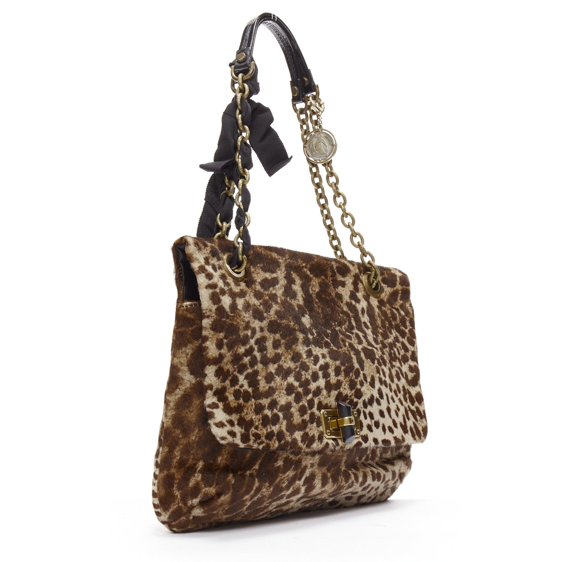 LANVIN Happy brown leopard print calfhair black ribbon chain shoulder bag In Good Condition In Hong Kong, NT