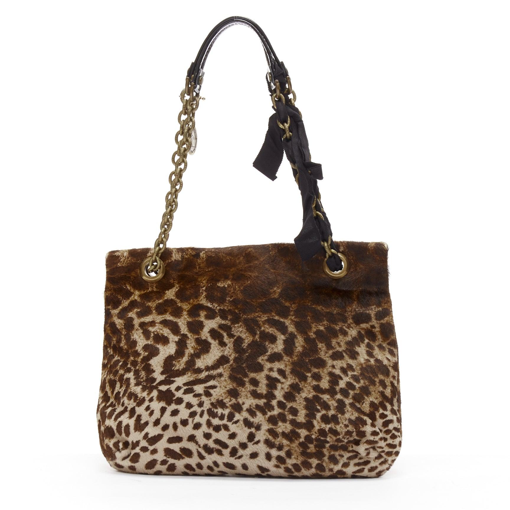 LANVIN Happy brown leopard print calfhair black ribbon chain shoulder bag 1