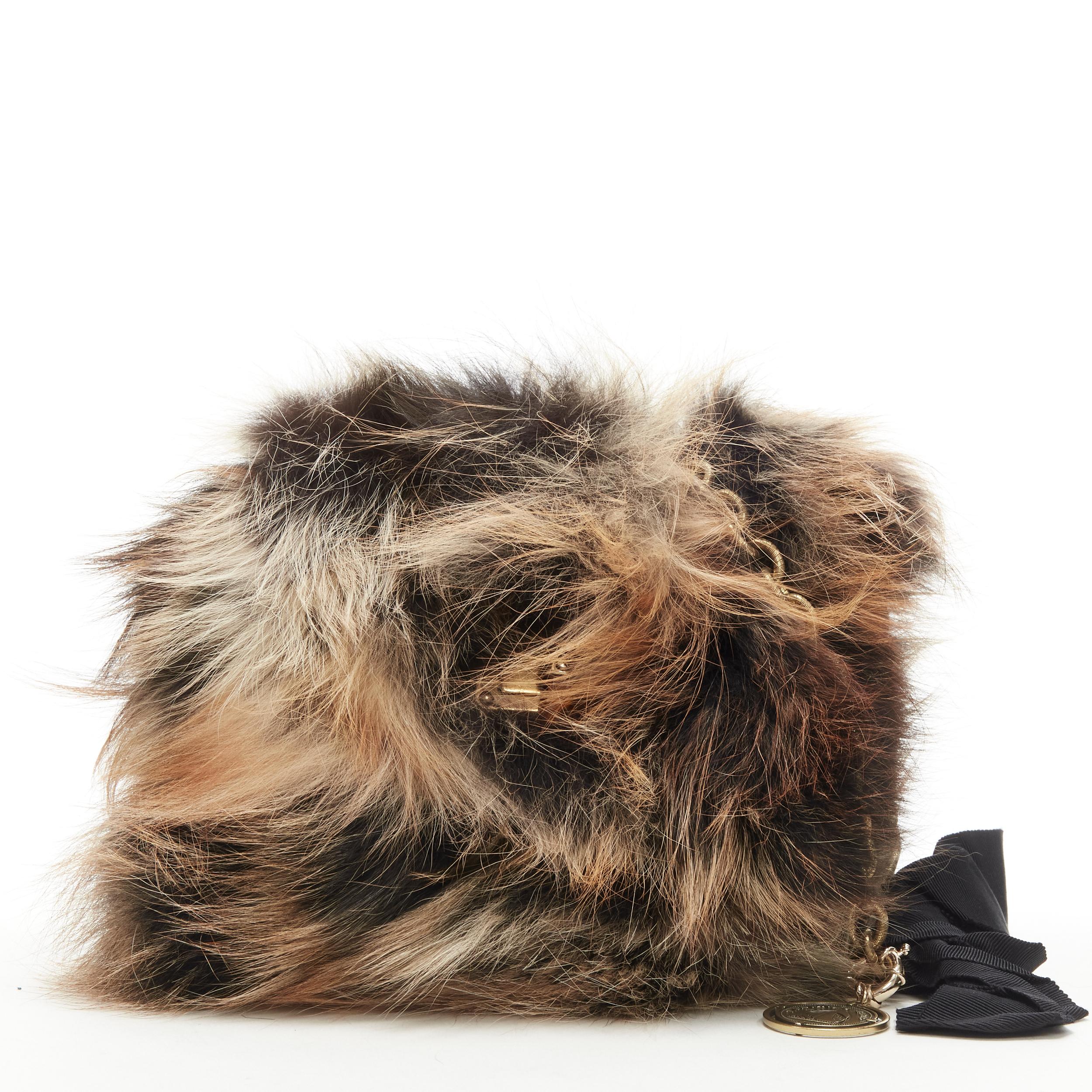LANVIN Happy brown mixed fur turnlock flap ribbon gold chain crossbody bag In Excellent Condition In Hong Kong, NT