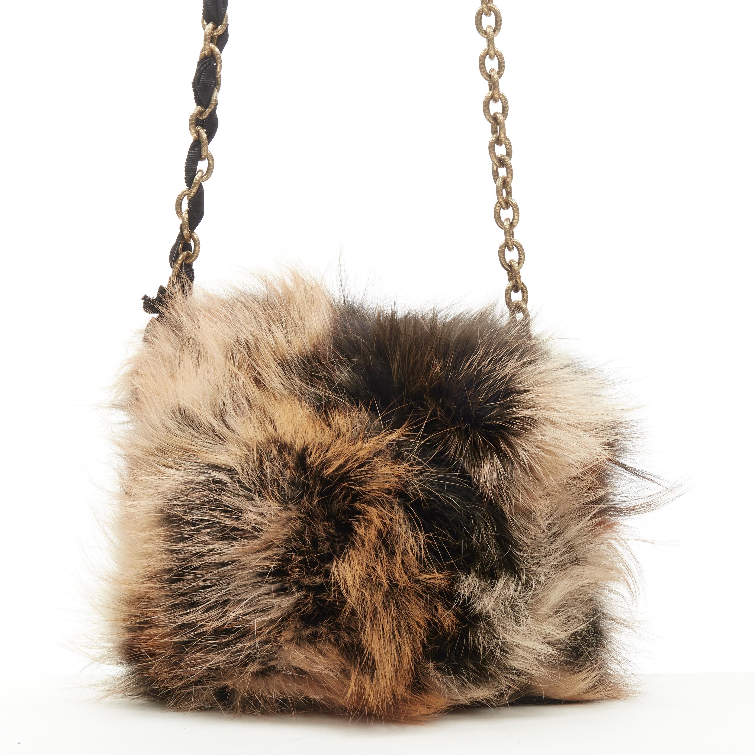 Women's LANVIN Happy brown mixed fur turnlock flap ribbon gold chain crossbody bag