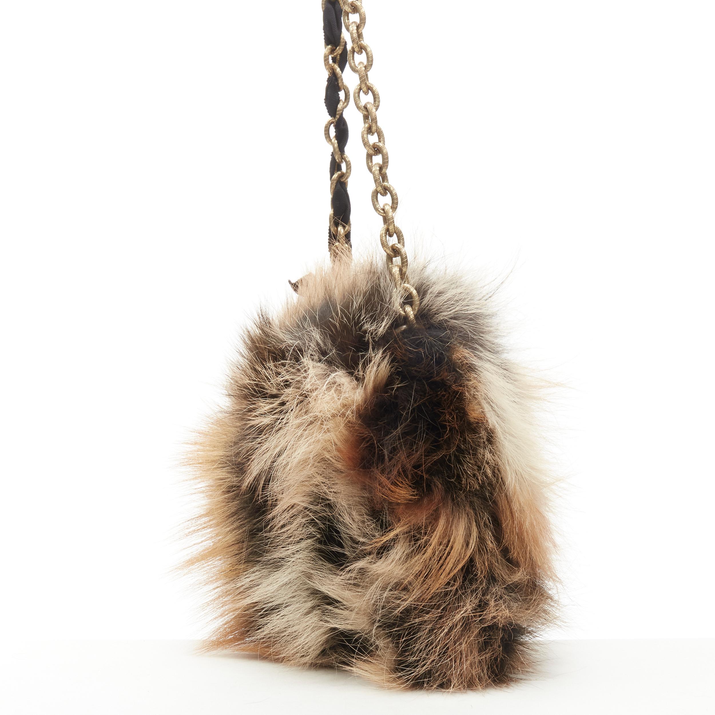 LANVIN Happy brown mixed fur turnlock flap ribbon gold chain crossbody bag 1