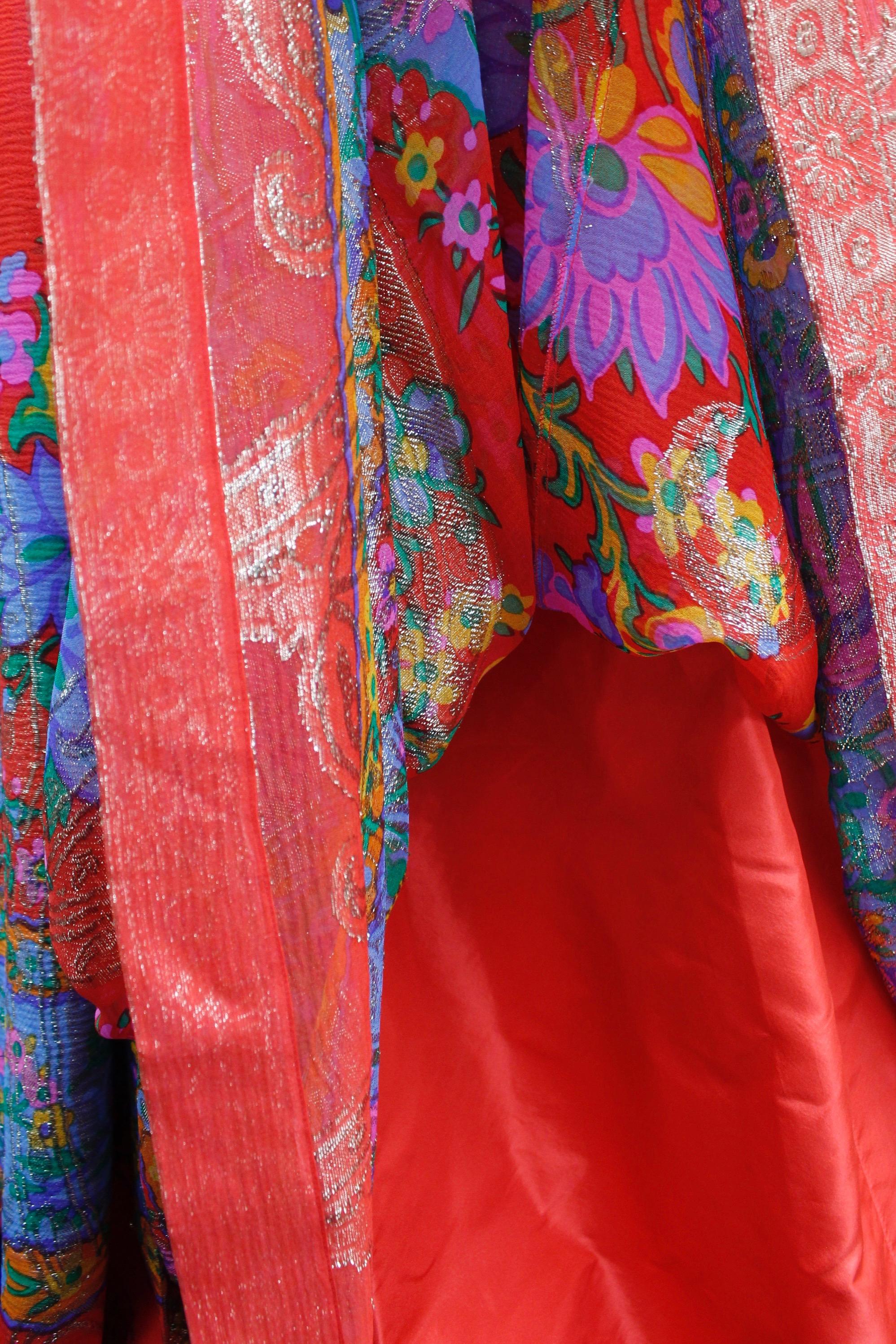 Lanvin Haute Couture fabulous red chiffon long dress with floral print, 1970’s For Sale 7