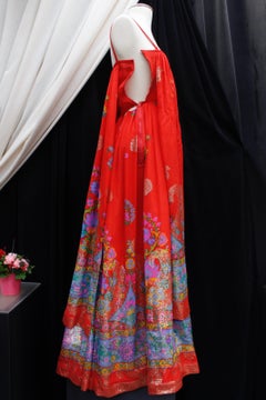 Lanvin Haute Couture fabulous red chiffon long dress with floral print, 1970’s