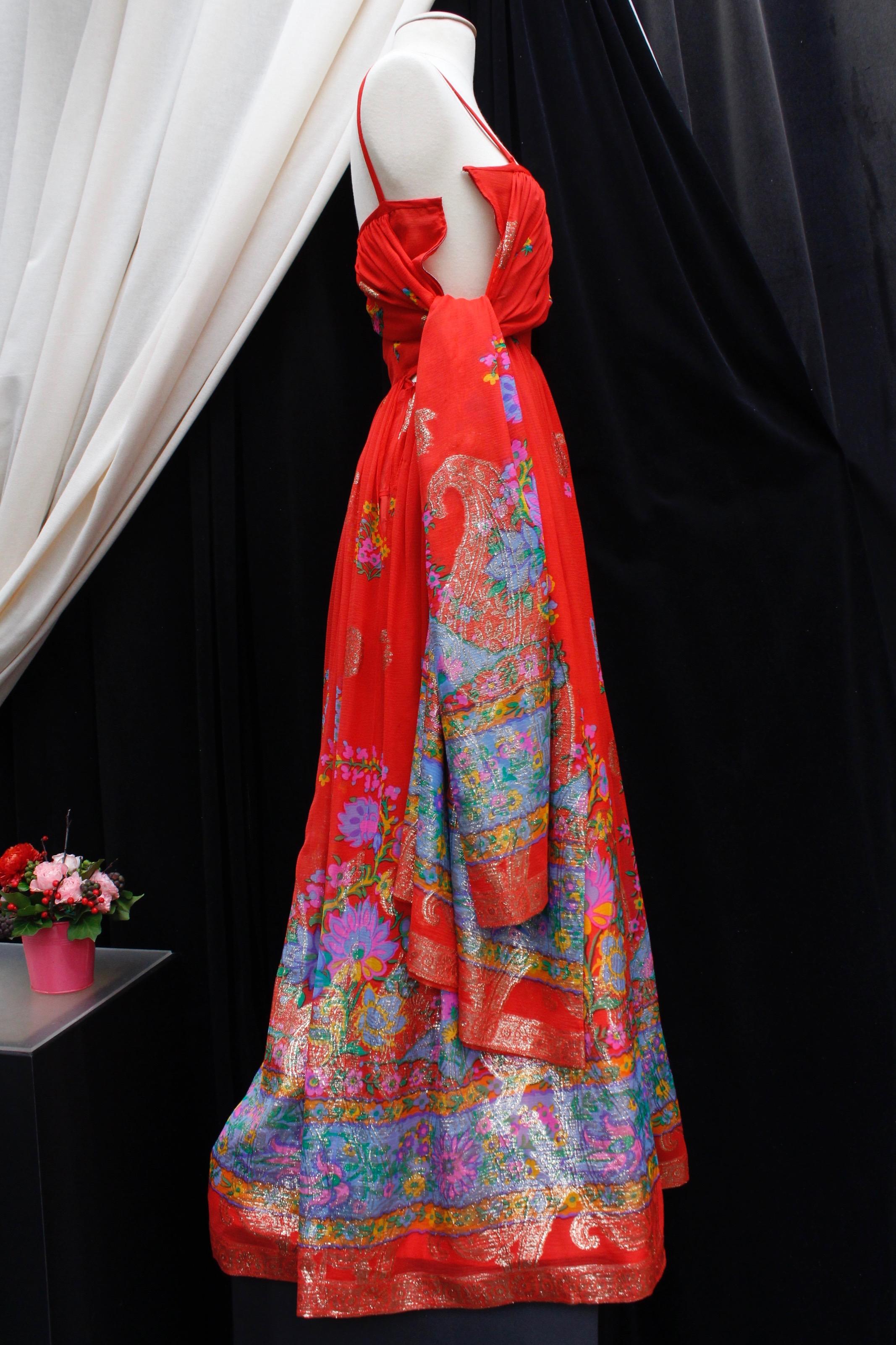 Lanvin Haute Couture fabulous red chiffon long dress with floral print, 1970’s For Sale 1