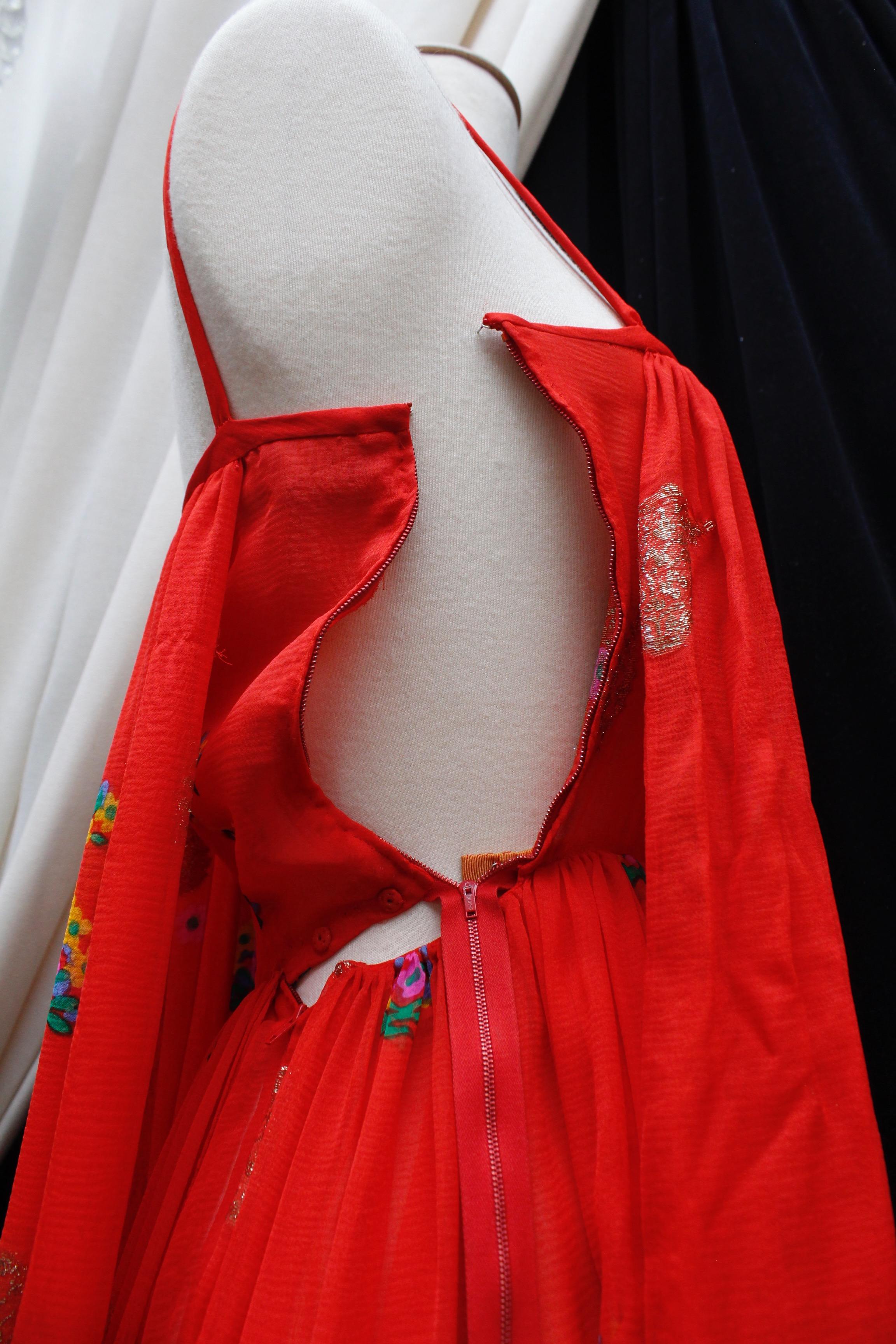 Lanvin Haute Couture fabulous red chiffon long dress with floral print, 1970’s For Sale 4