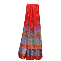 Lanvin Haute Couture fabulous red chiffon long dress with floral print, 1970’s