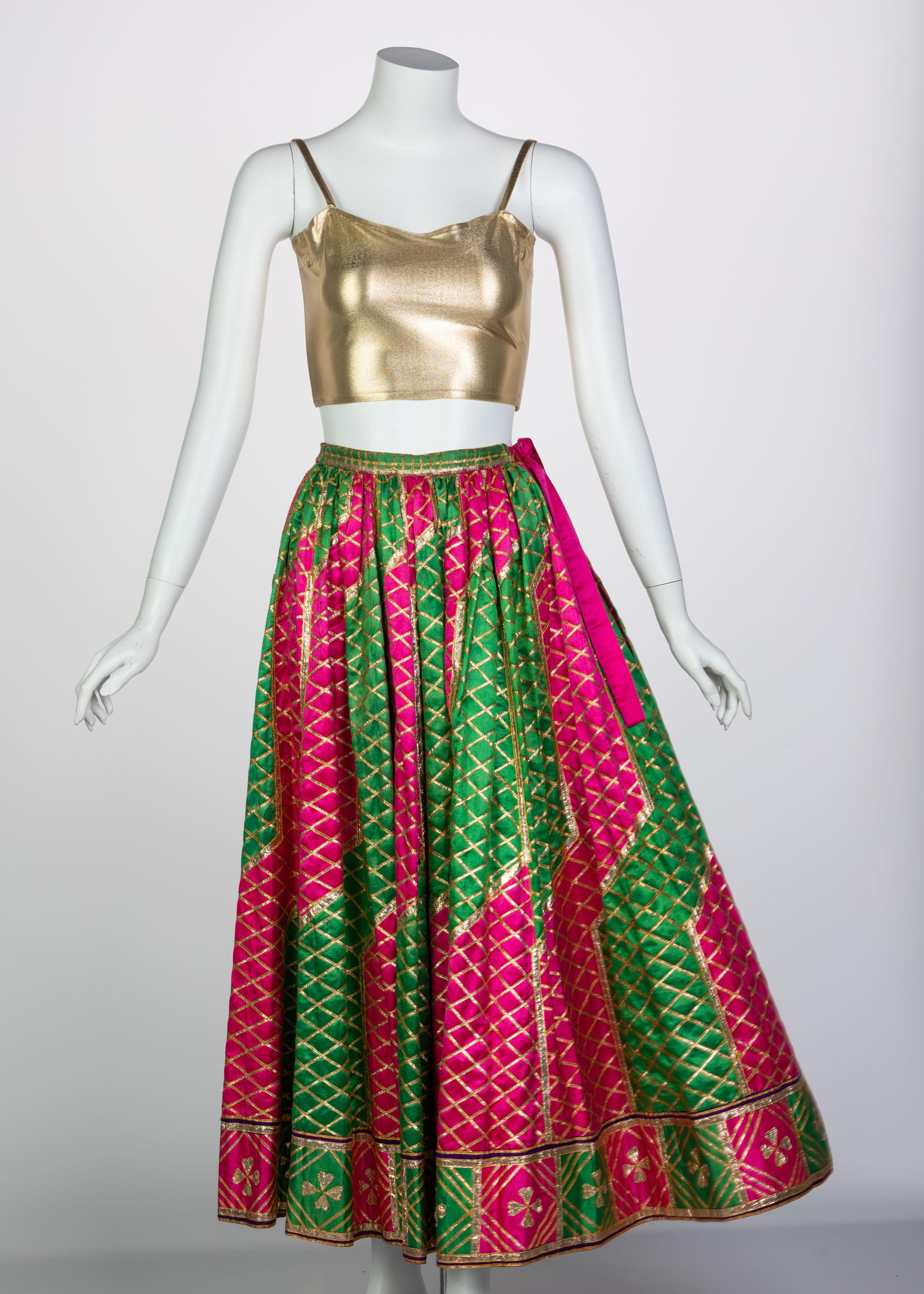 Lanvin Haute Couture Gold Lame Top & Green Pink Peasant Skirt Ensemble, 1977 5
