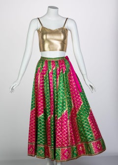 Lanvin Haute Couture Gold Lame Top & Green Pink Peasant Skirt Ensemble, 1977