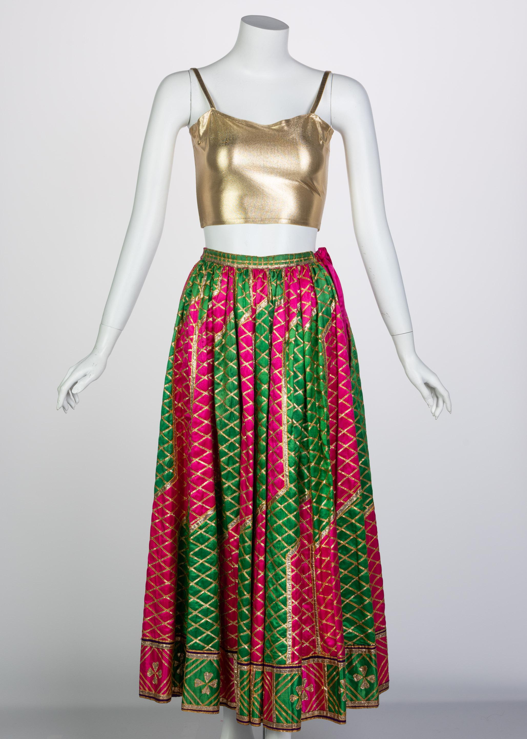 Brown Lanvin Haute Couture Gold Lame Top & Green Pink Peasant Skirt Ensemble, 1977