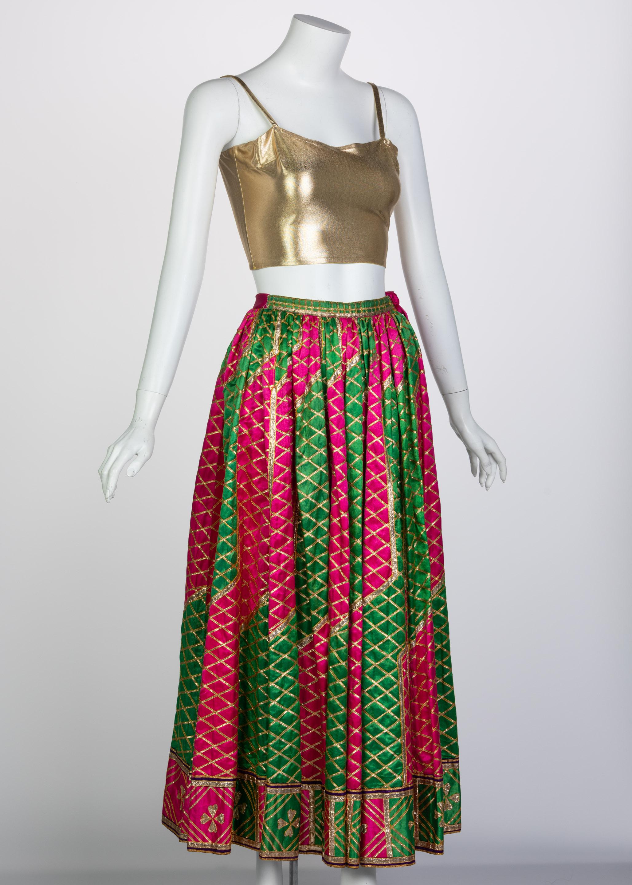 Lanvin Haute Couture Gold Lame Top & Green Pink Peasant Skirt Ensemble, 1977 In Excellent Condition In Boca Raton, FL