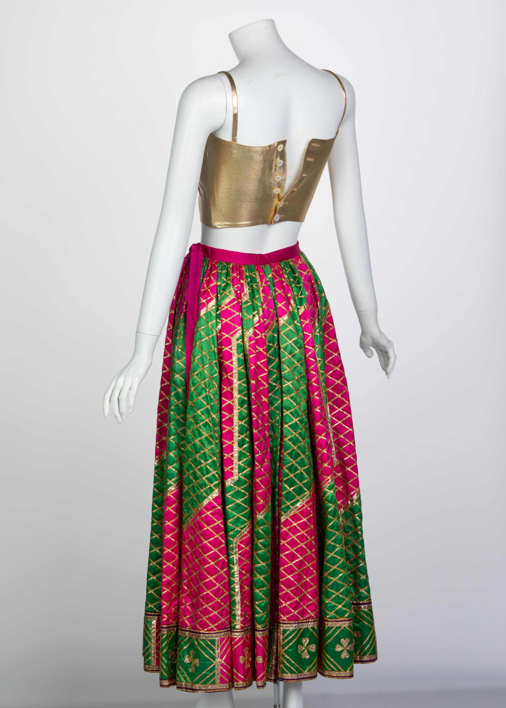 Lanvin Haute Couture Gold Lame Top & Green Pink Peasant Skirt Ensemble, 1977 3