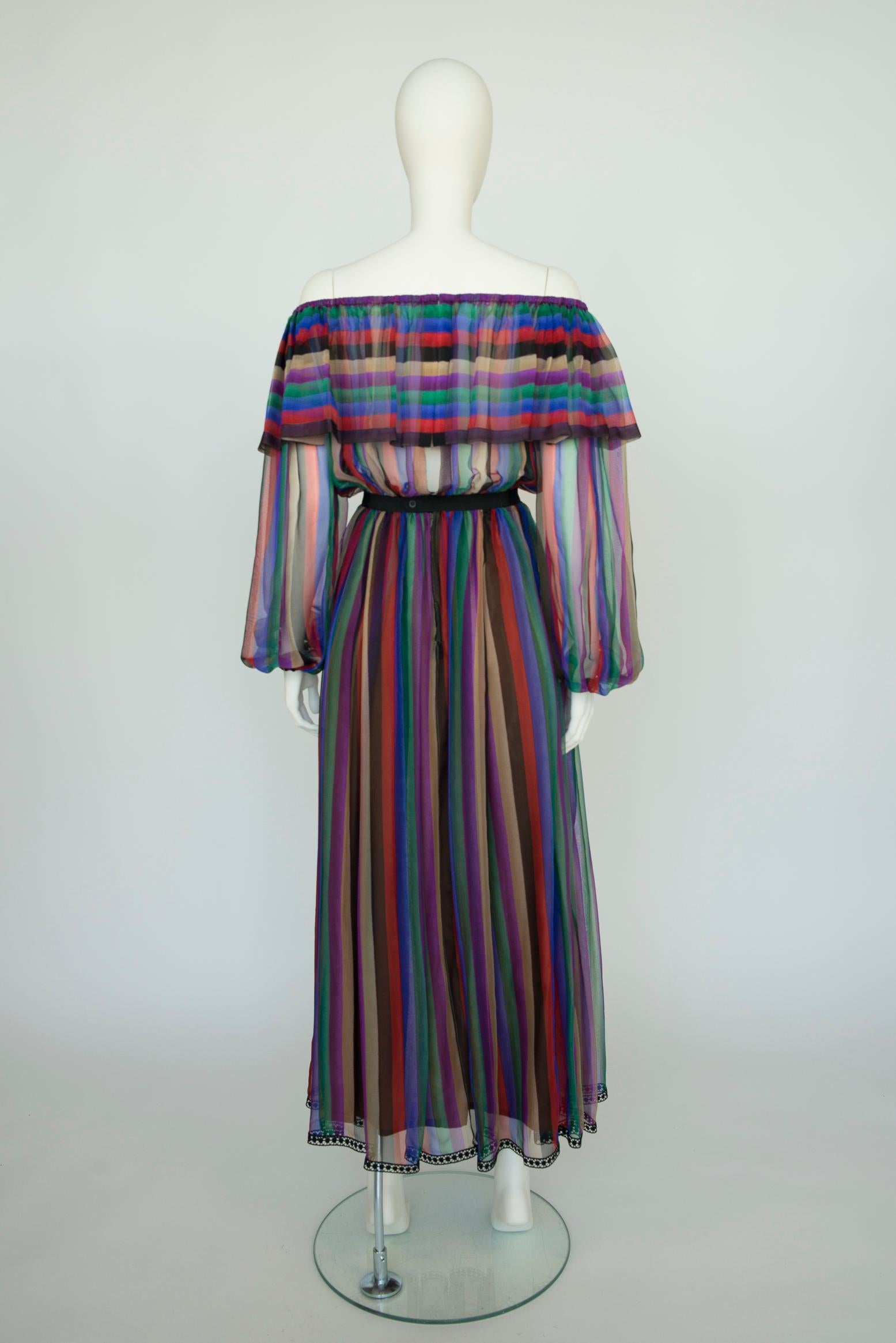 Lanvin Haute Couture - Robe longue en mousseline de soie imprimée rayée à épaules dénudées en vente 5