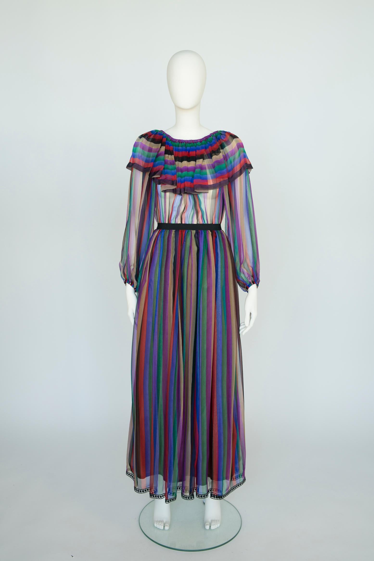 Lanvin Haute Couture - Robe longue en mousseline de soie imprimée rayée à épaules dénudées en vente 8