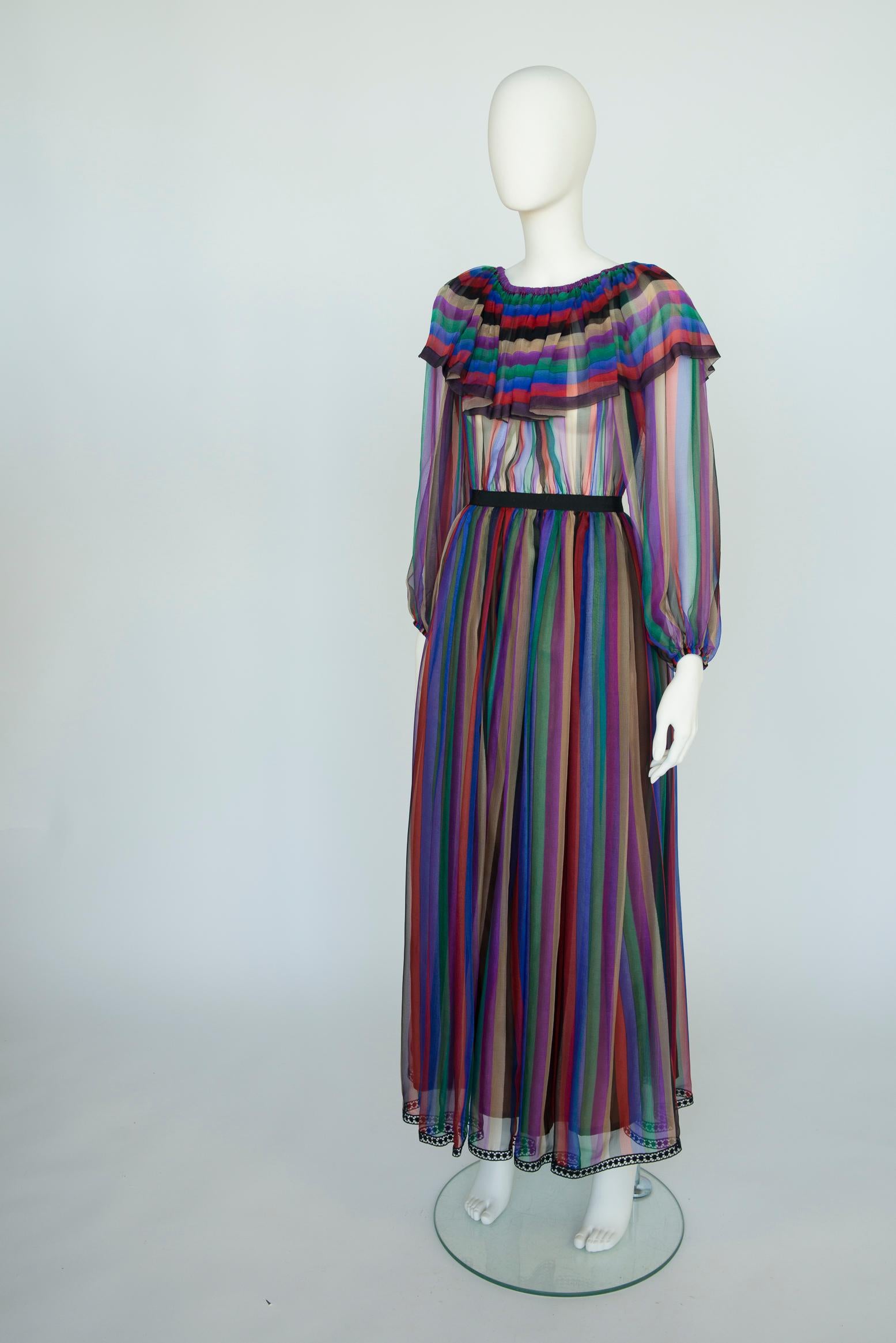 Lanvin Haute Couture - Robe longue en mousseline de soie imprimée rayée à épaules dénudées en vente 9