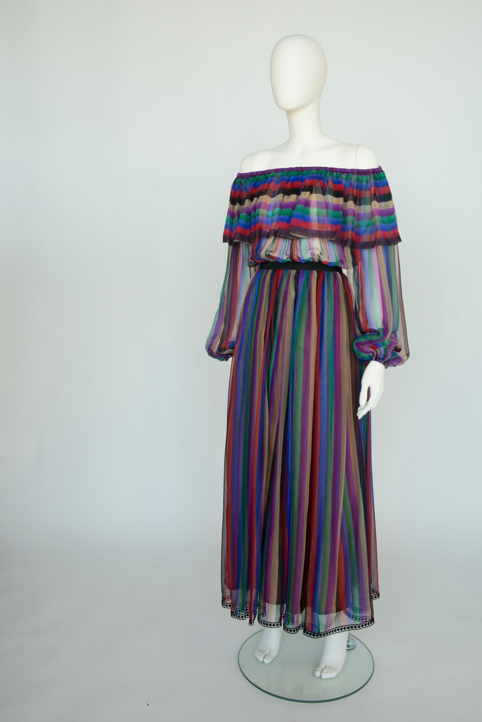 Lanvin Haute Couture - Robe longue en mousseline de soie imprimée rayée à épaules dénudées Pour femmes en vente