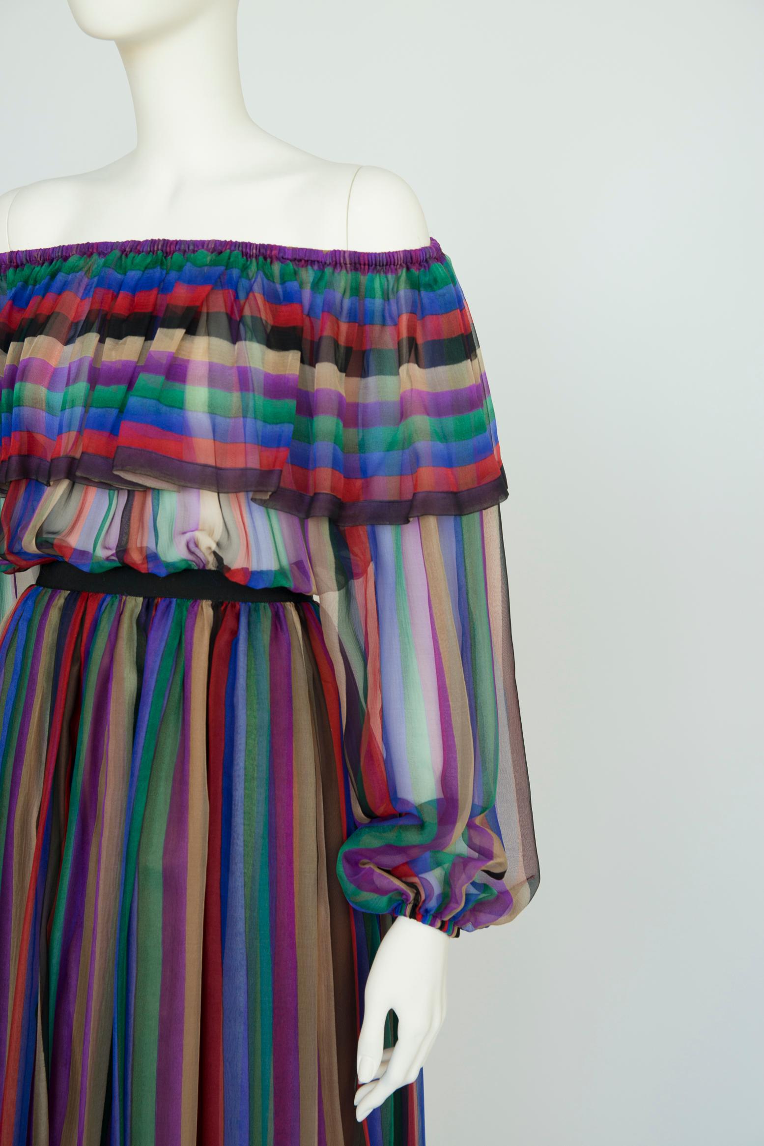 Lanvin Haute Couture - Robe longue en mousseline de soie imprimée rayée à épaules dénudées en vente 1