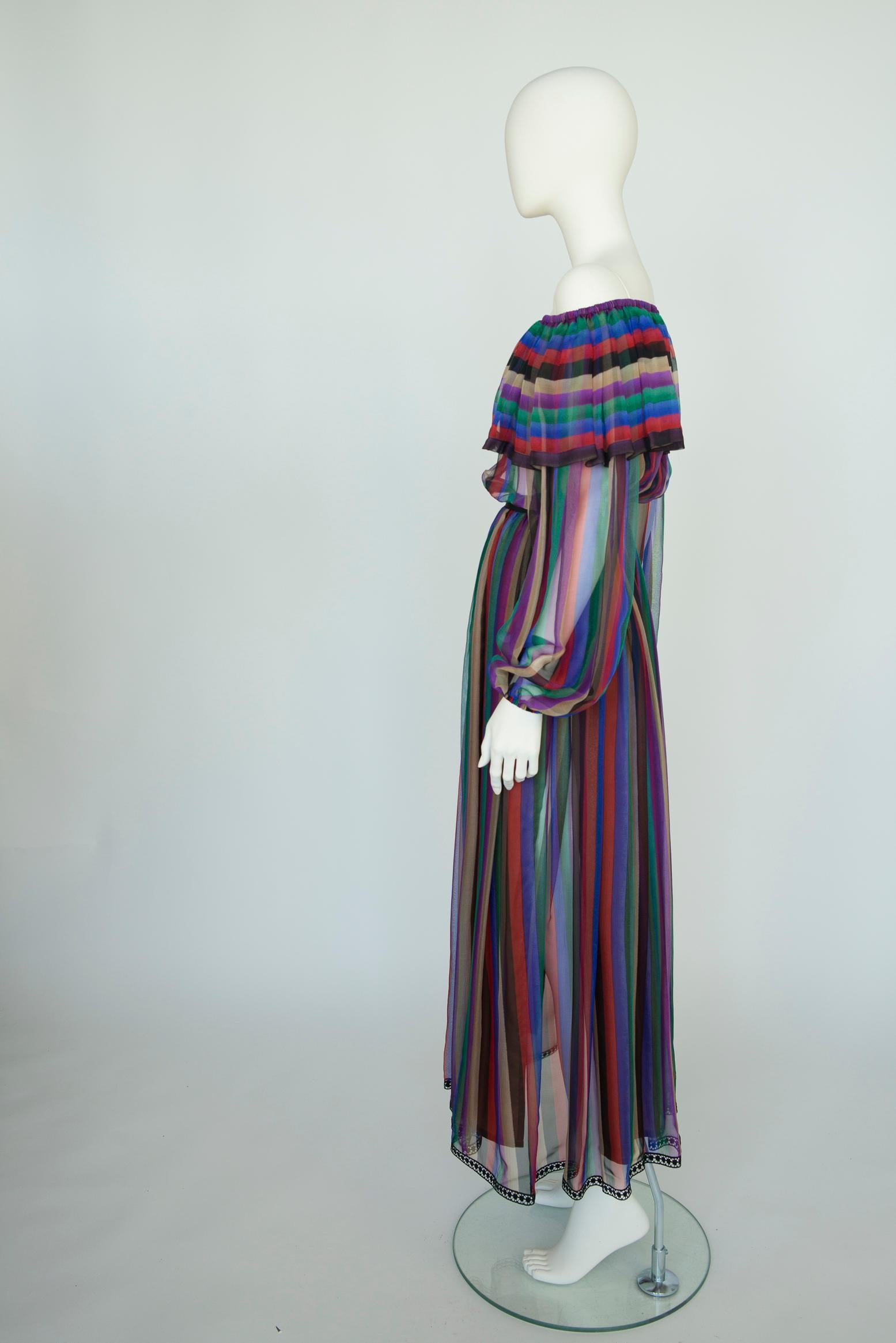 Lanvin Haute Couture - Robe longue en mousseline de soie imprimée rayée à épaules dénudées en vente 2