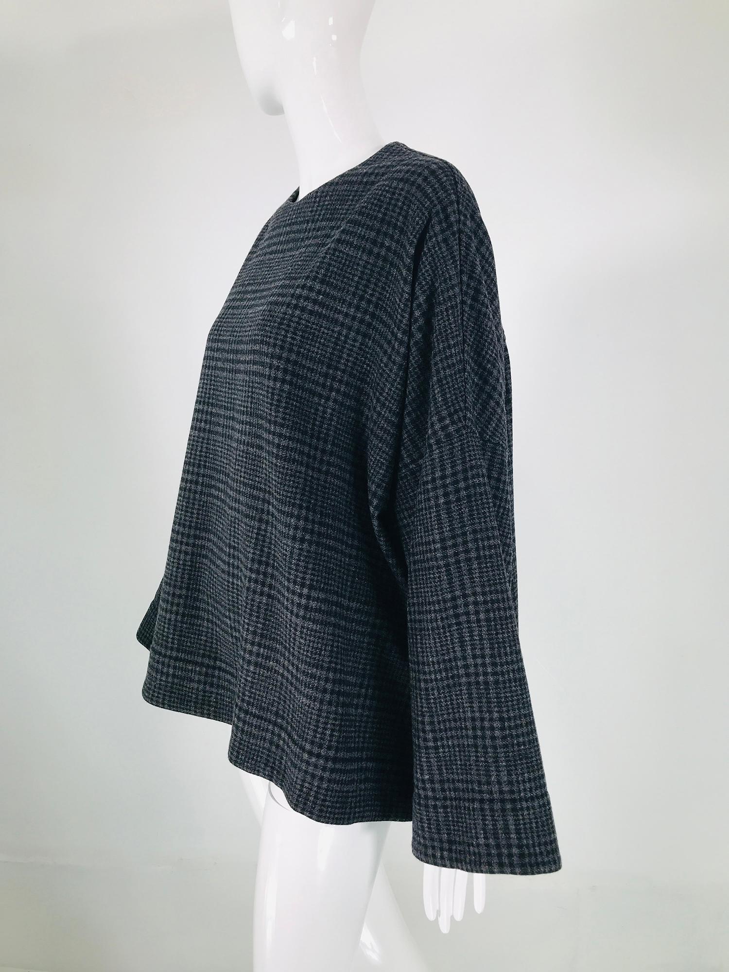 Black Lanvin Hiver 2015 Grey Wool Plaid Oversize Kimono Sleeve Top 