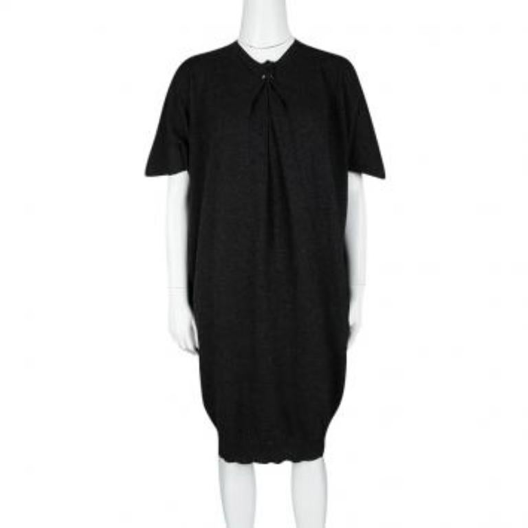 Lanvin Hiver'10 Grau Wolle Kurzarm Drapiertes Kleid S (Schwarz) im Angebot