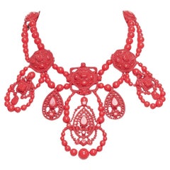 LANVIN H&M red metal chandelier ribbon tie back statement necklace