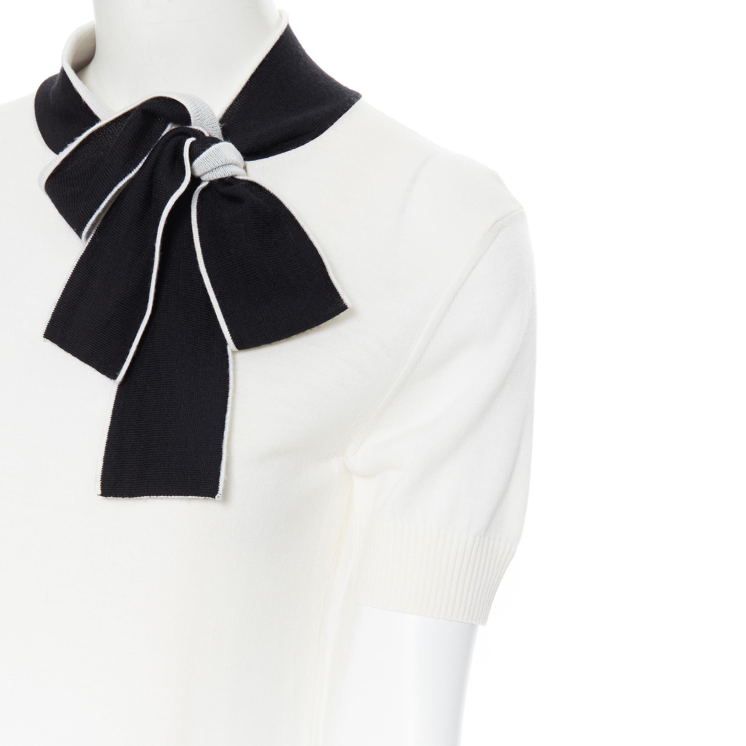 LANVIN ivory white wool black bow tie short sleeve sweater top XS In Excellent Condition In Hong Kong, NT