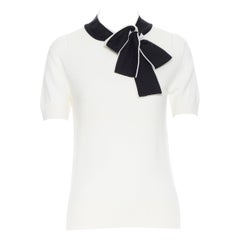 LANVIN ivory white wool black bow tie short sleeve sweater top XS