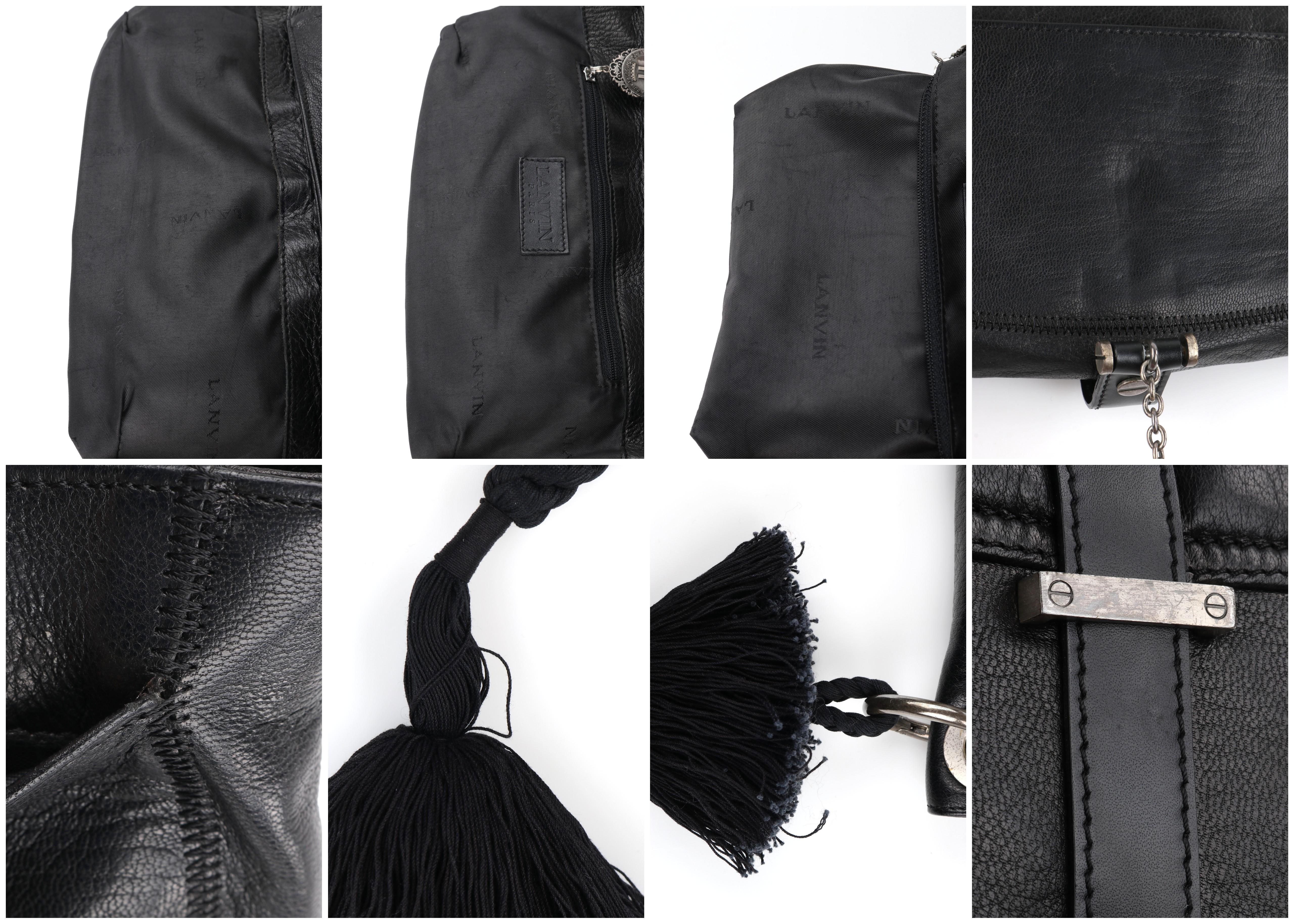 LANVIN “Jeanne” Black Leather Braided Pom Pom Tassel Strap Flap Clutch Handbag  5
