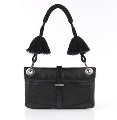 LANVIN “Jeanne” Black Leather Braided Pom Pom Tassel Strap Flap Clutch Handbag
