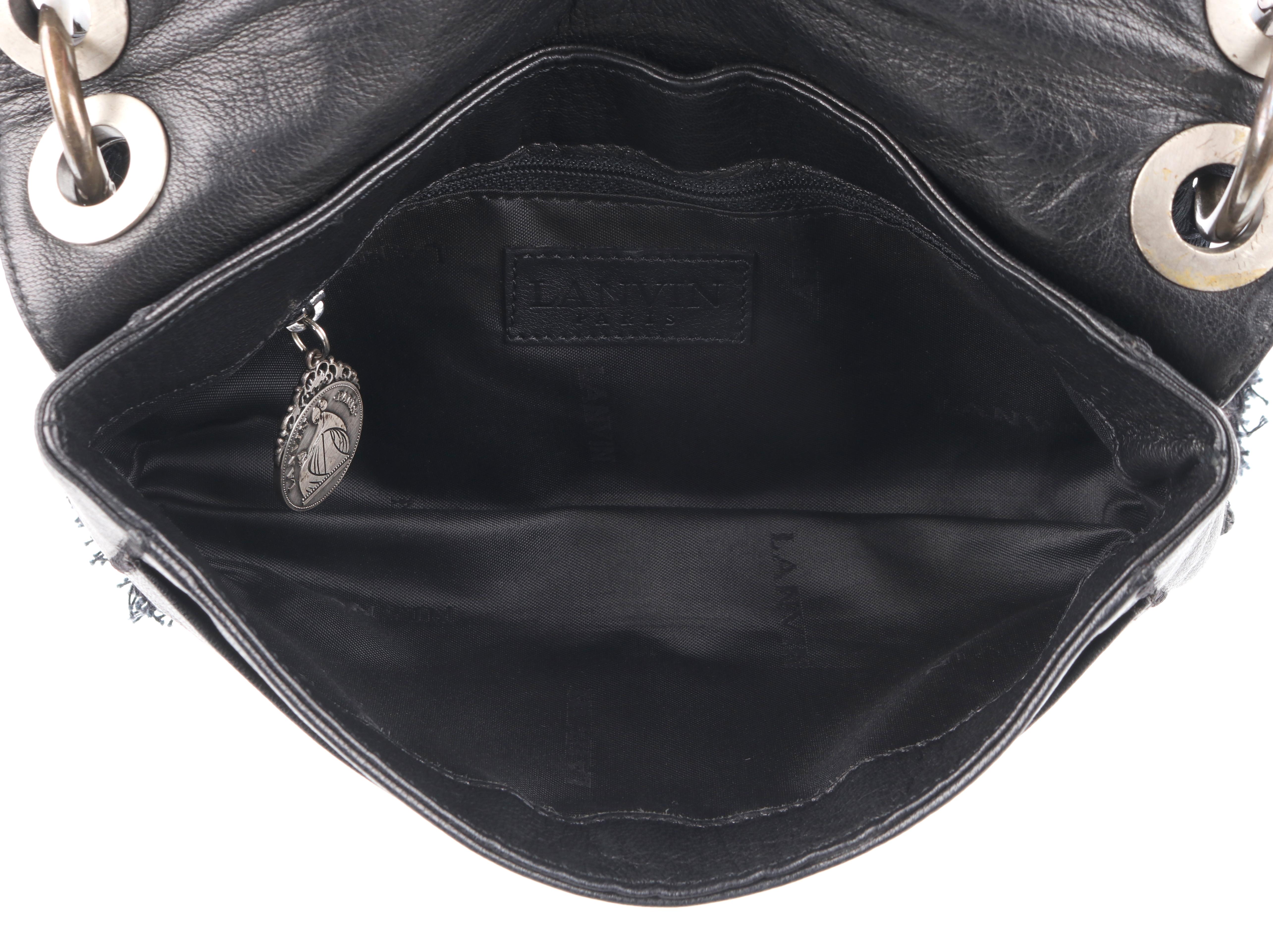LANVIN “Jeanne” Black Leather Braided Pom Pom Tassel Strap Flap Clutch Handbag  In Good Condition In Thiensville, WI
