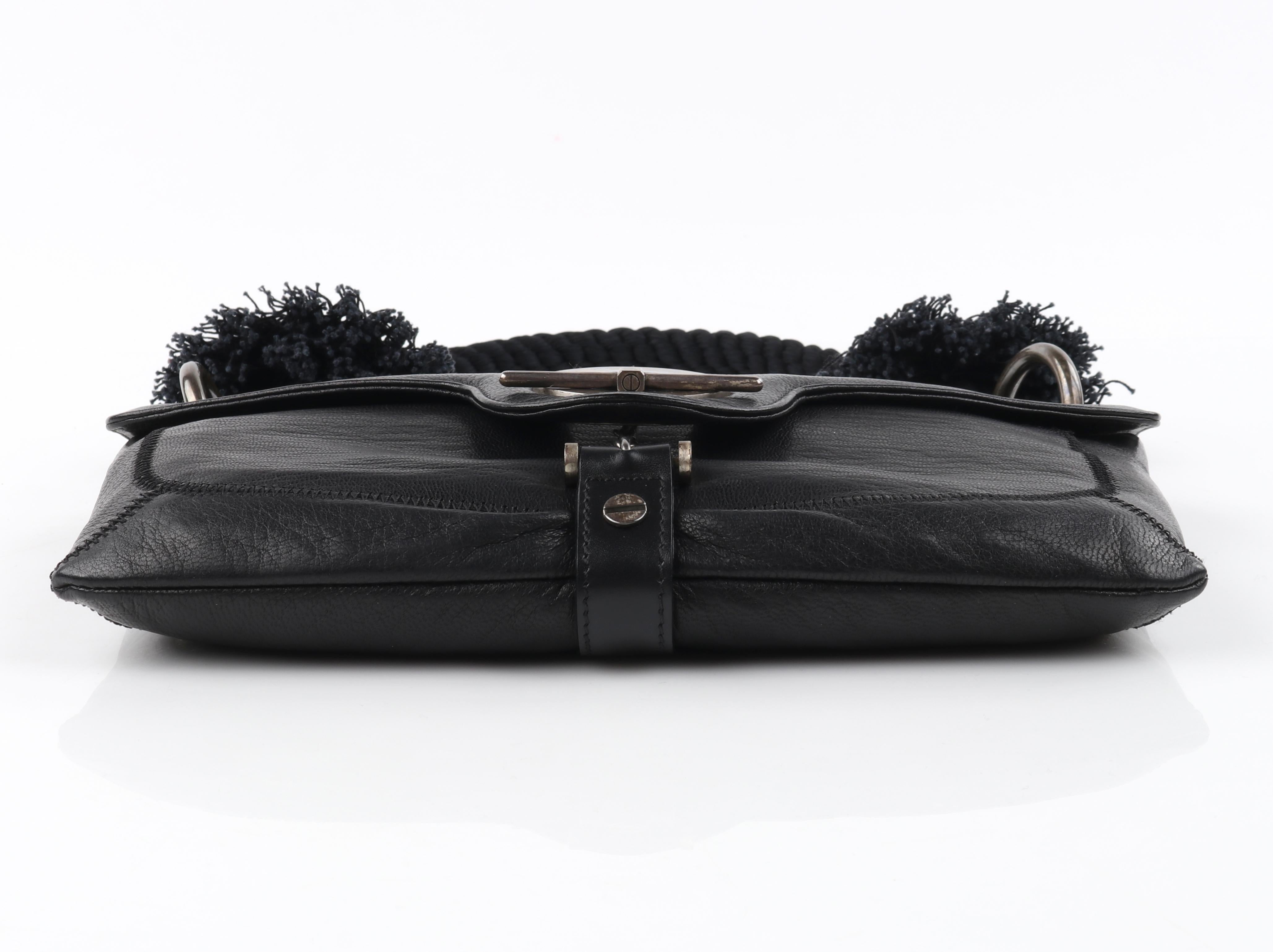LANVIN “Jeanne” Black Leather Braided Pom Pom Tassel Strap Flap Clutch ...