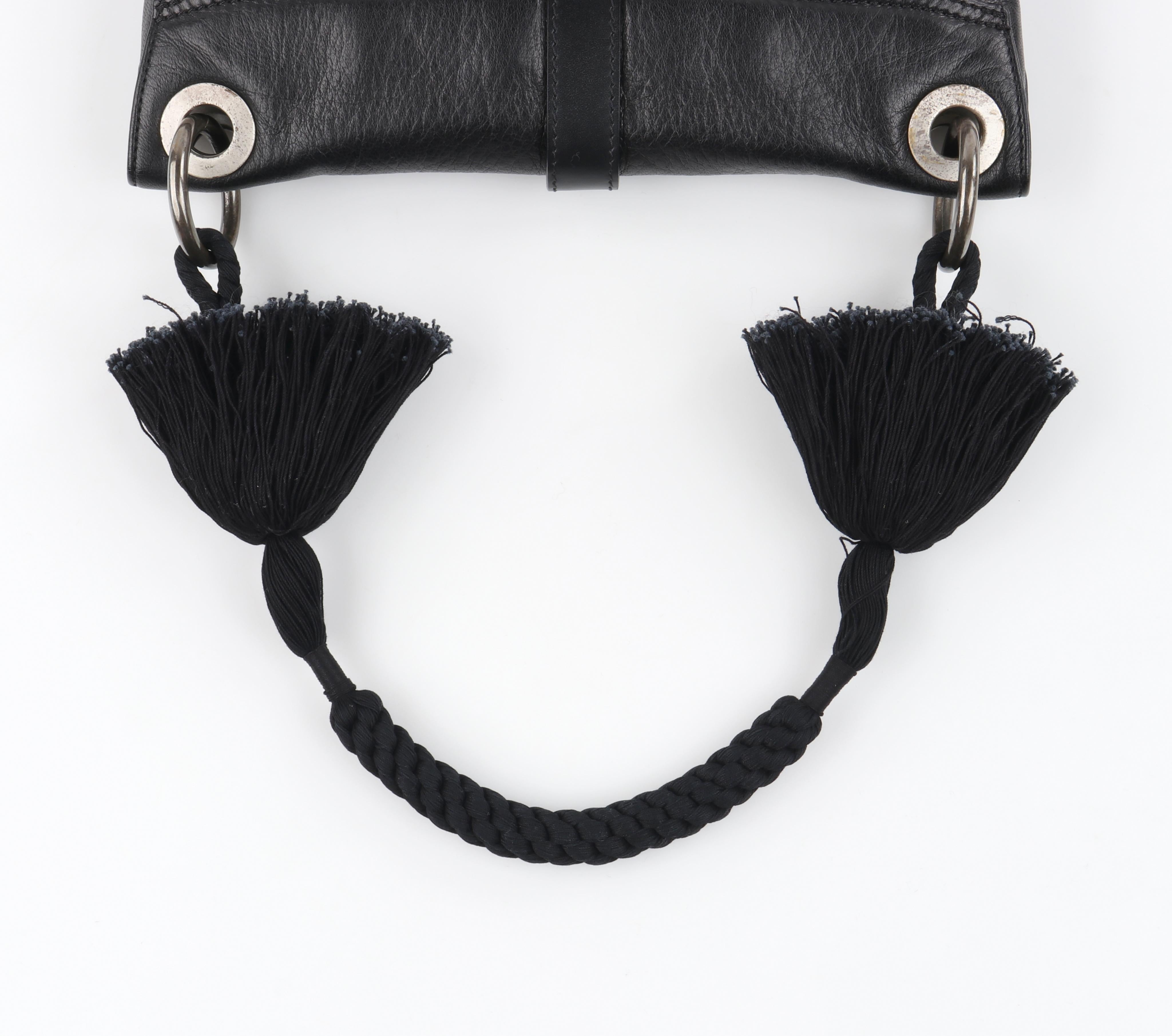 LANVIN “Jeanne” Black Leather Braided Pom Pom Tassel Strap Flap Clutch Handbag  1