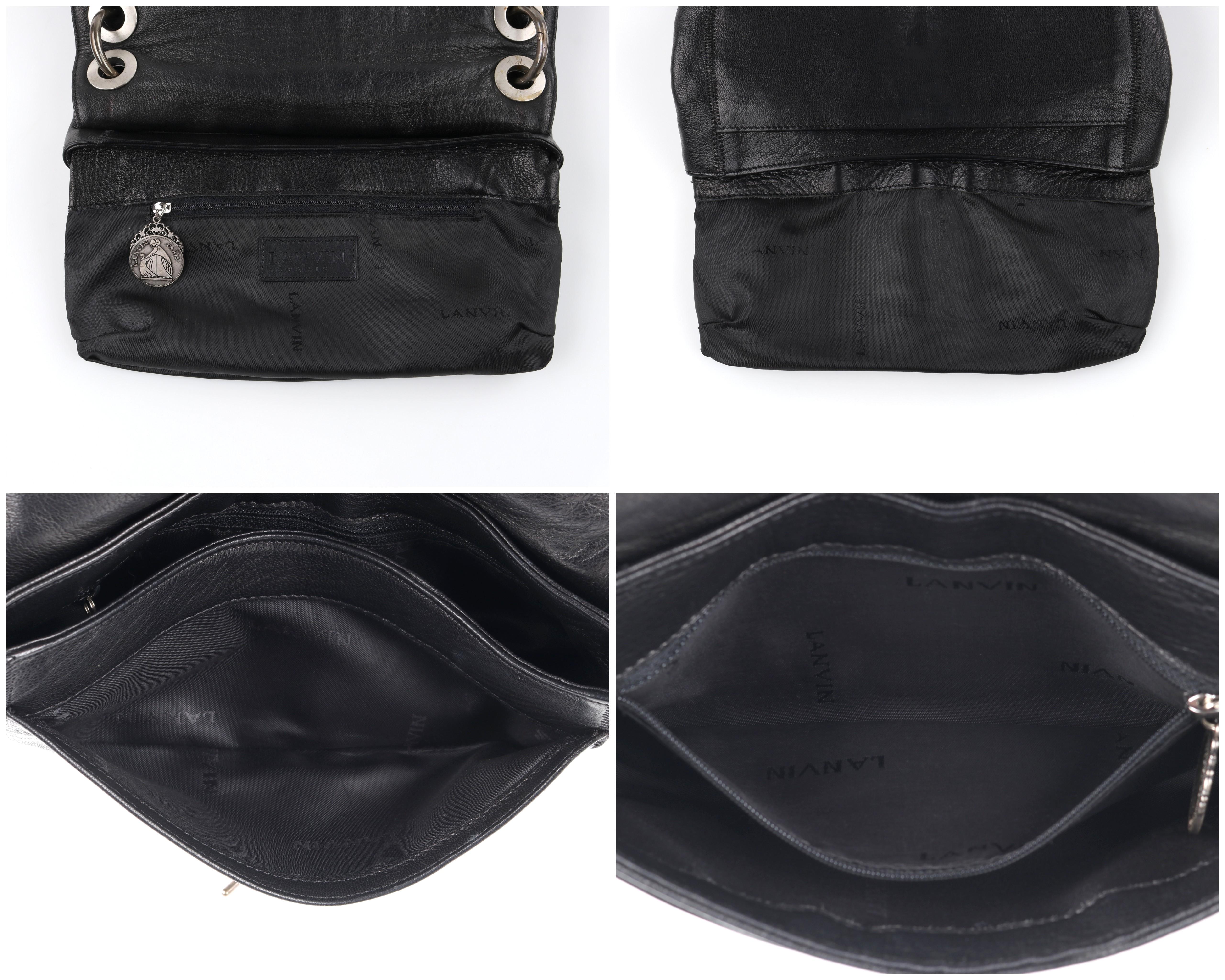 LANVIN “Jeanne” Black Leather Braided Pom Pom Tassel Strap Flap Clutch Handbag  2