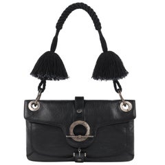 LANVIN “Jeanne” Black Leather Braided Pom Pom Tassel Strap Flap Clutch Handbag 