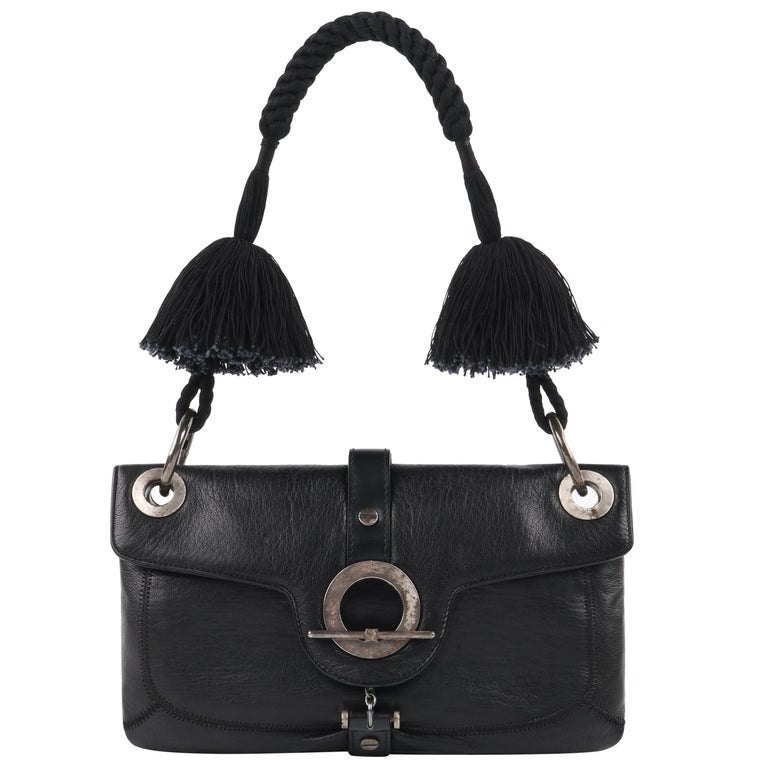 LANVIN “Jeanne” Black Leather Braided Pom Pom Tassel Strap Flap Clutch  Handbag For Sale at 1stDibs