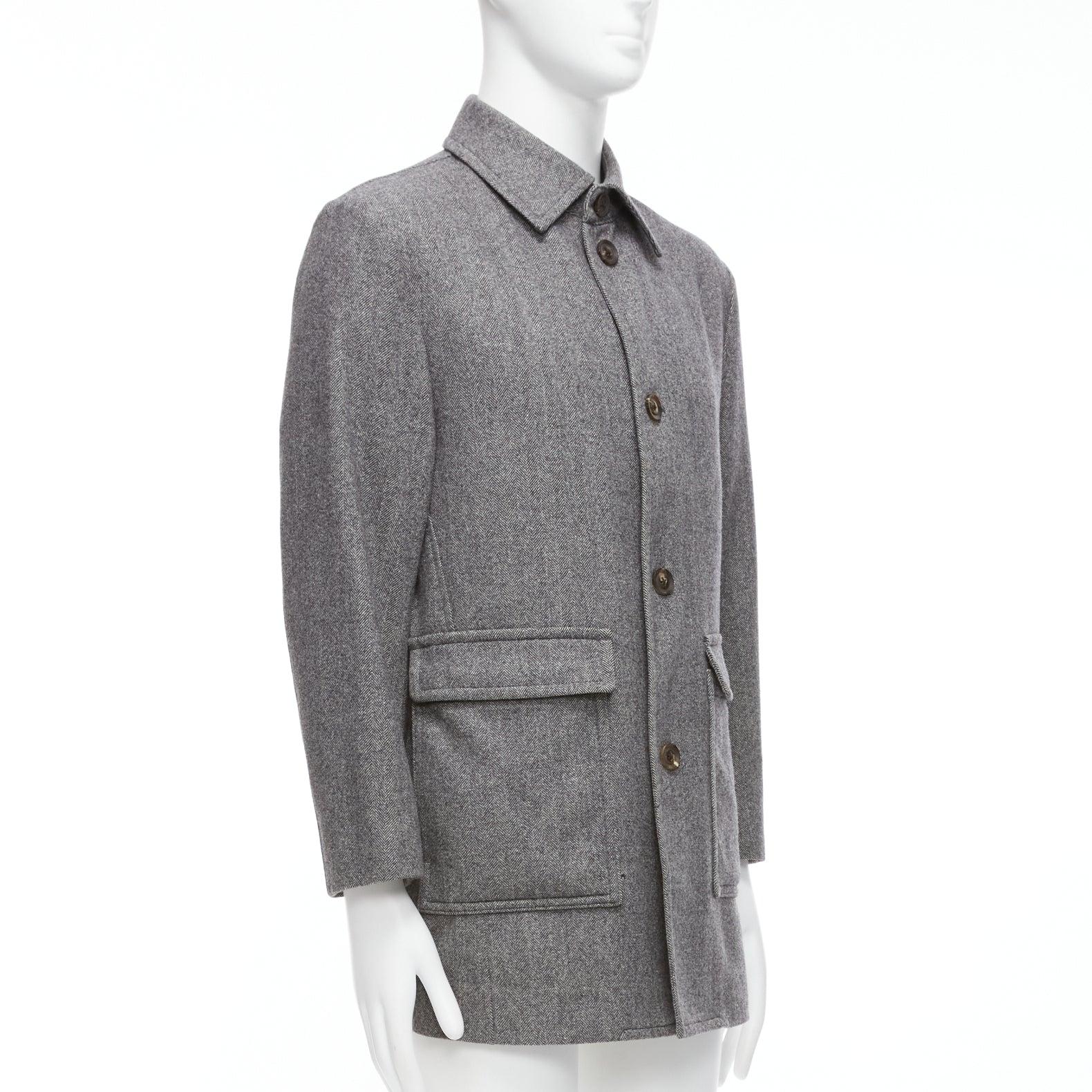 LANVIN JL grey wool blend herringbone dual pocketed overcoat IT46 S In Good Condition For Sale In Hong Kong, NT