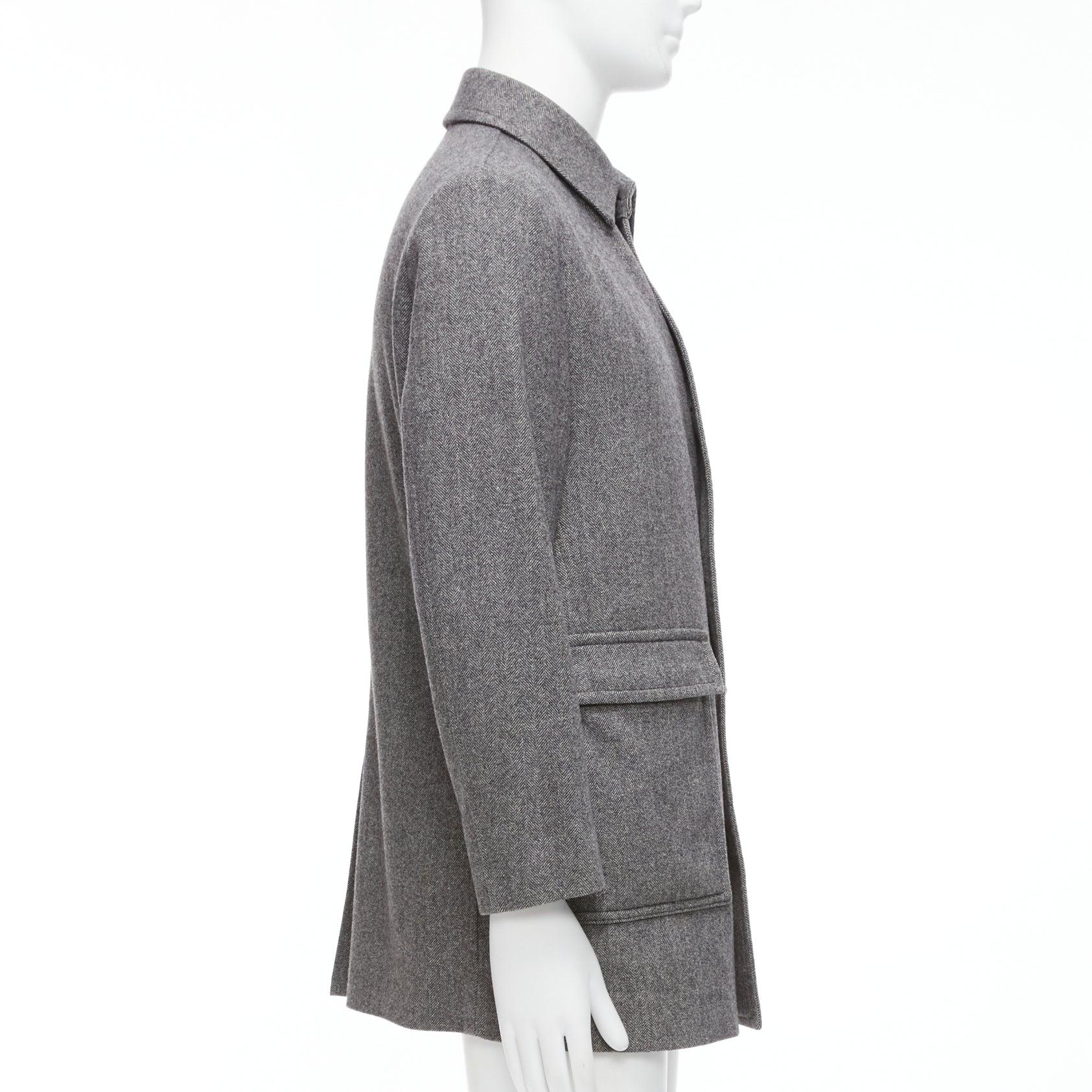 Men's LANVIN JL grey wool blend herringbone dual pocketed overcoat IT46 S For Sale