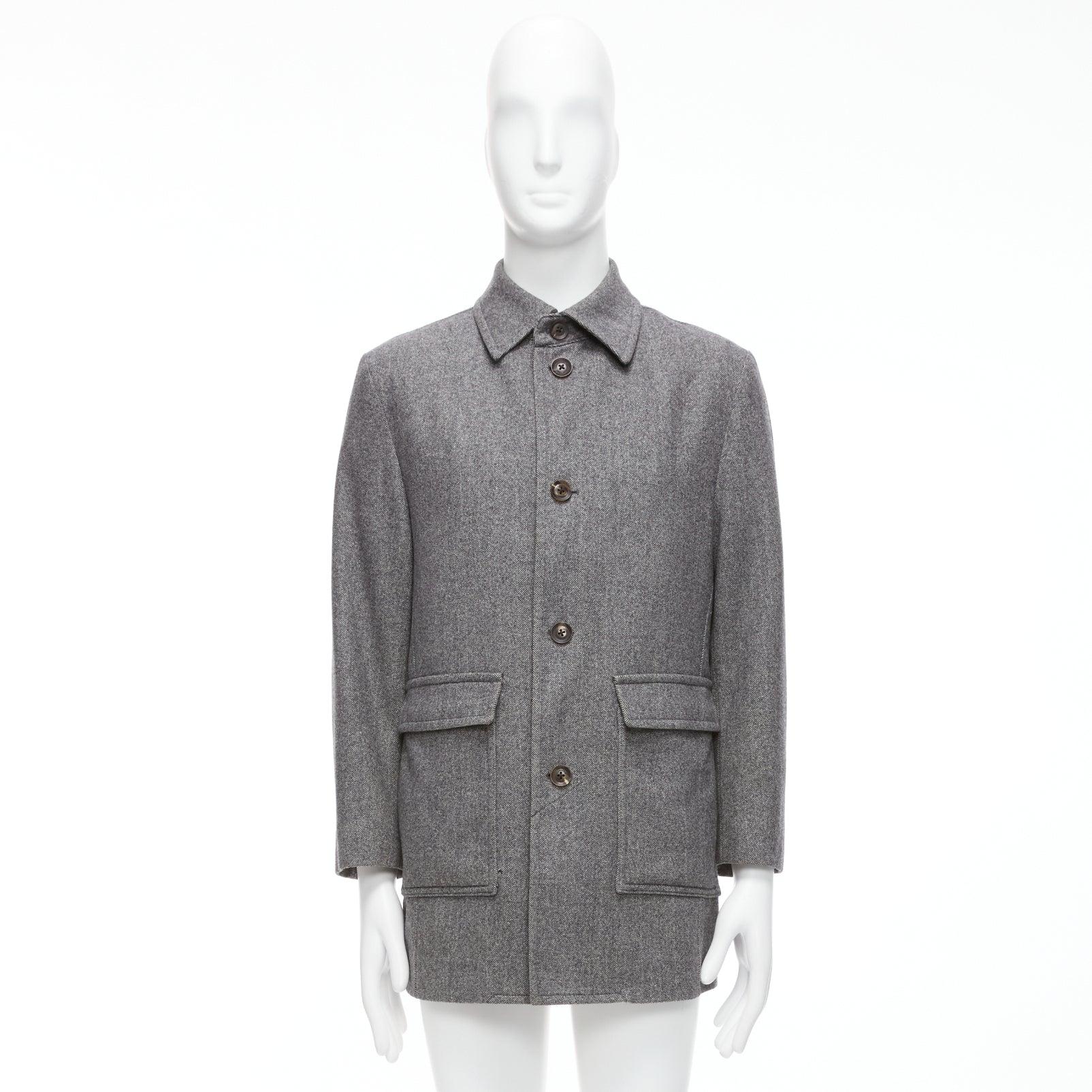 LANVIN JL grey wool blend herringbone dual pocketed overcoat IT46 S For Sale 5